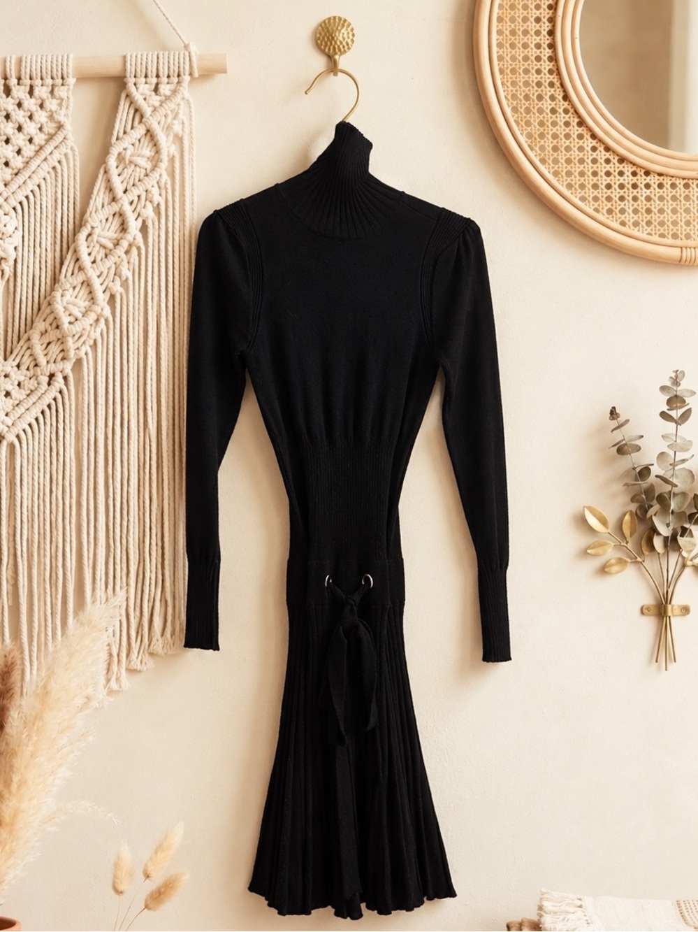 Venus Black Turtleneck Knit Midi Dress